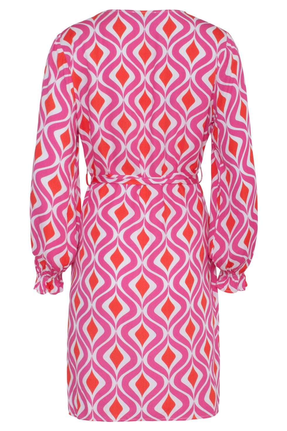 23140 Retro Zomerjurk Met Grafische Print | White - Fuchsia