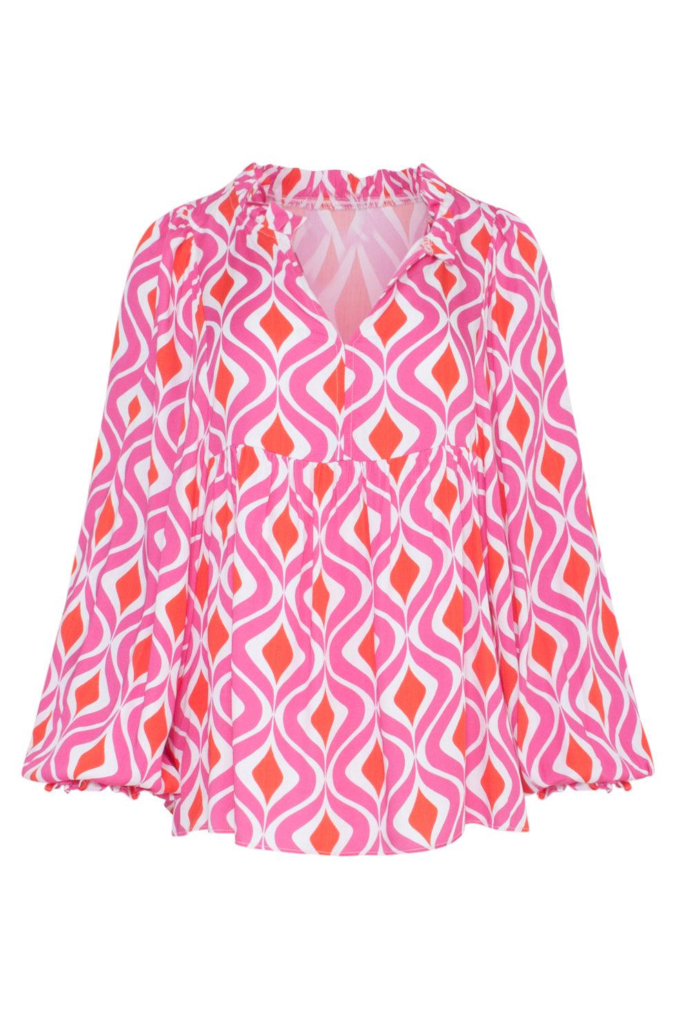 23141 Modieuze Top Met V-Halslijnretroprint | White-Fuchsia