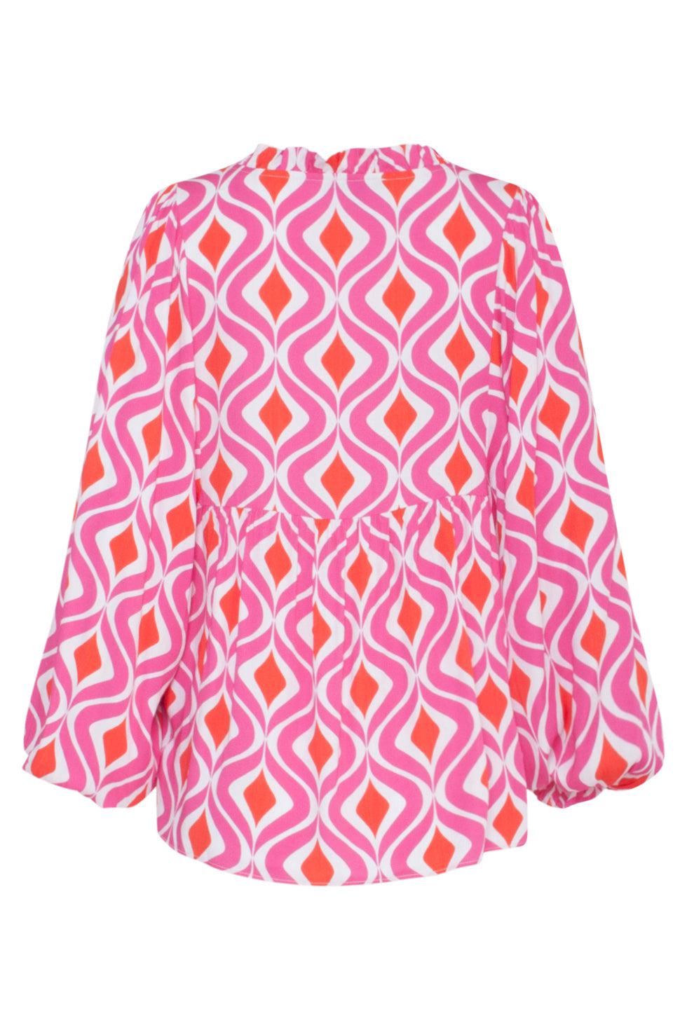 23141 Modieuze Top Met V-Halslijnretroprint | White-Fuchsia