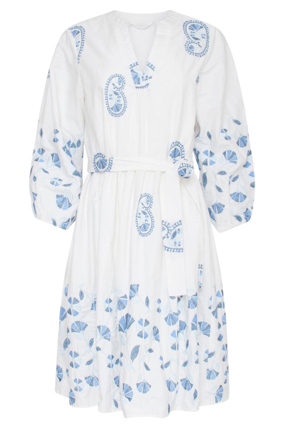 23147 Luxe Paisley Embroidery Jurk Met Ceintuur 100% Katoen | White - Blue