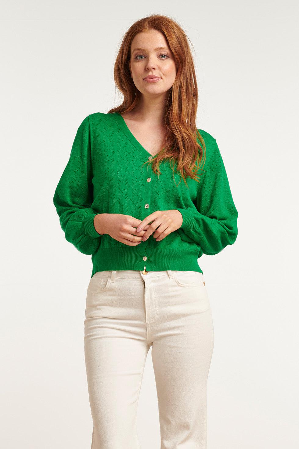 23153-530 Viscose Lange Mouw Cardigan Met Pofmouwen | Green