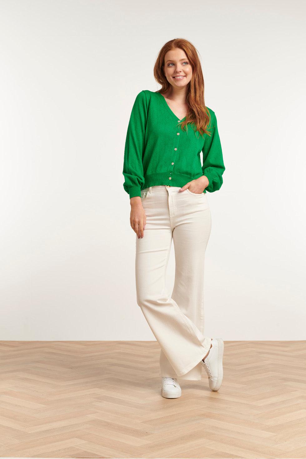 23153-530 Viscose Lange Mouw Cardigan Met Pofmouwen | Green