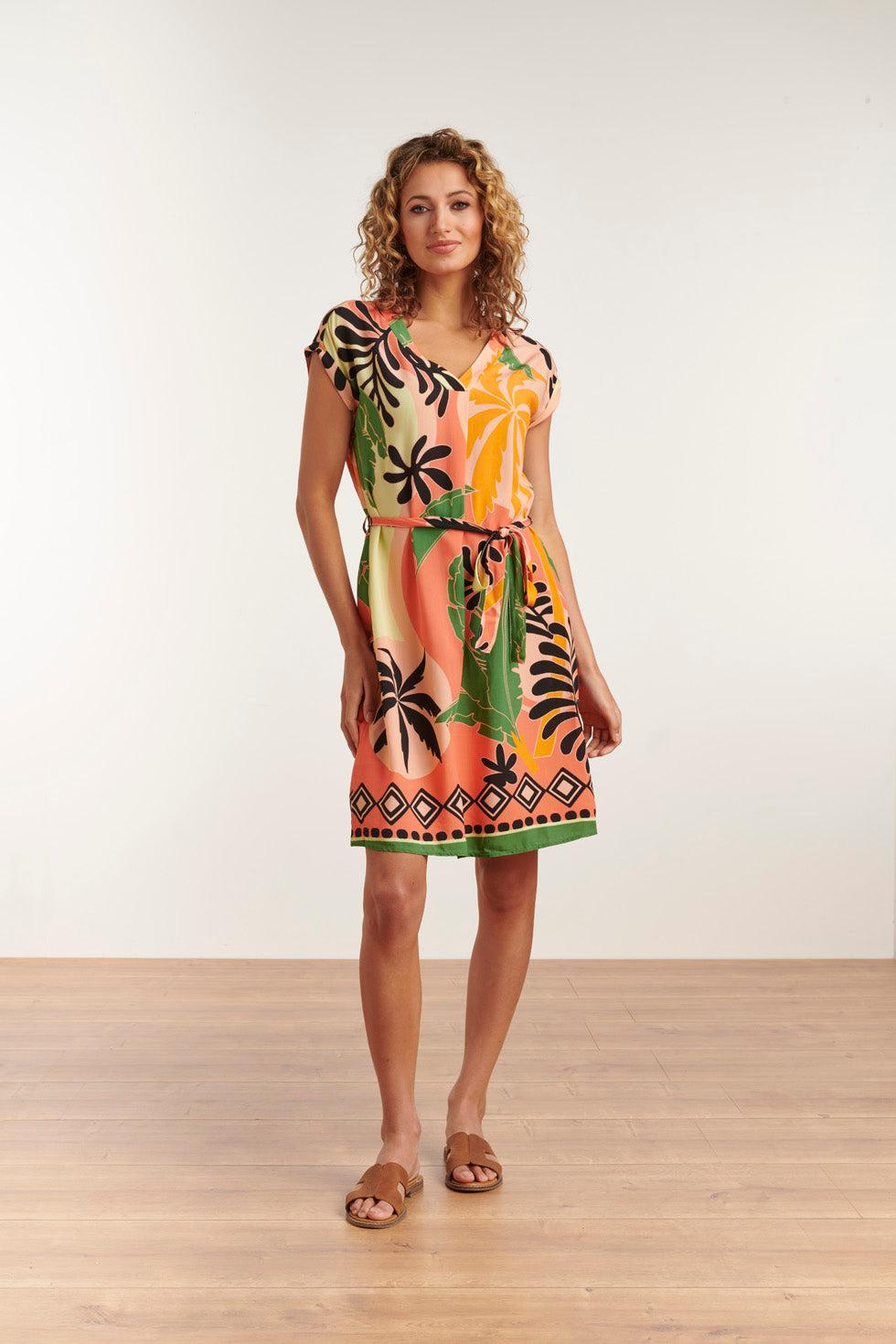 23158-Casual Losse Pasvorm Jurkmooie Print | Coral-Multicolour