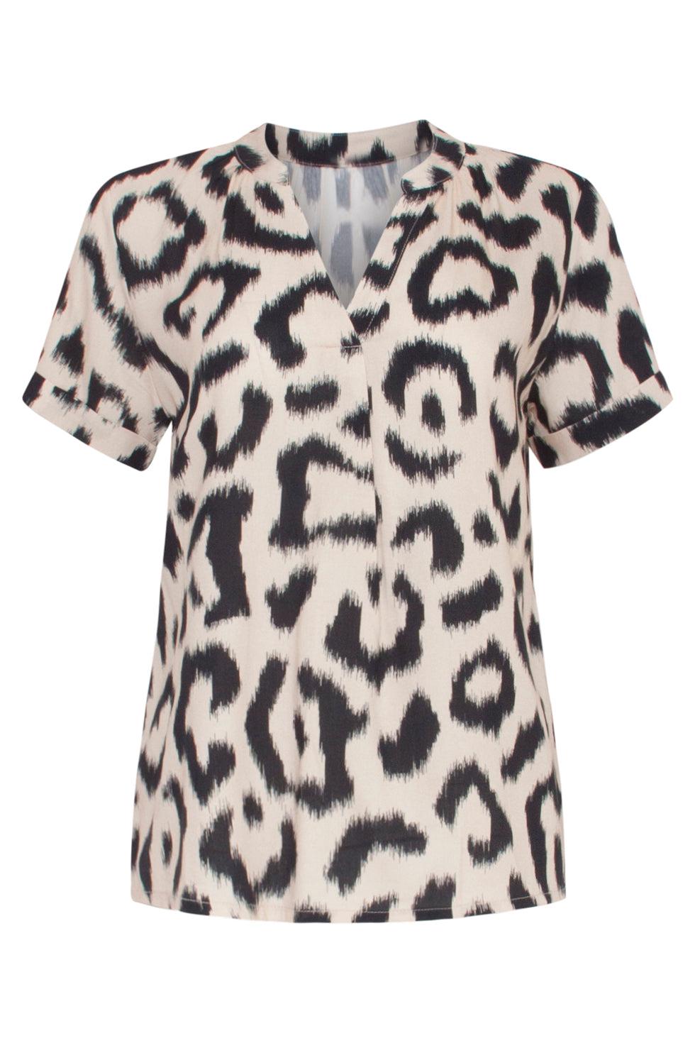 23164 Dames Top Met Korte Mouwenluipaard Print | Black White
