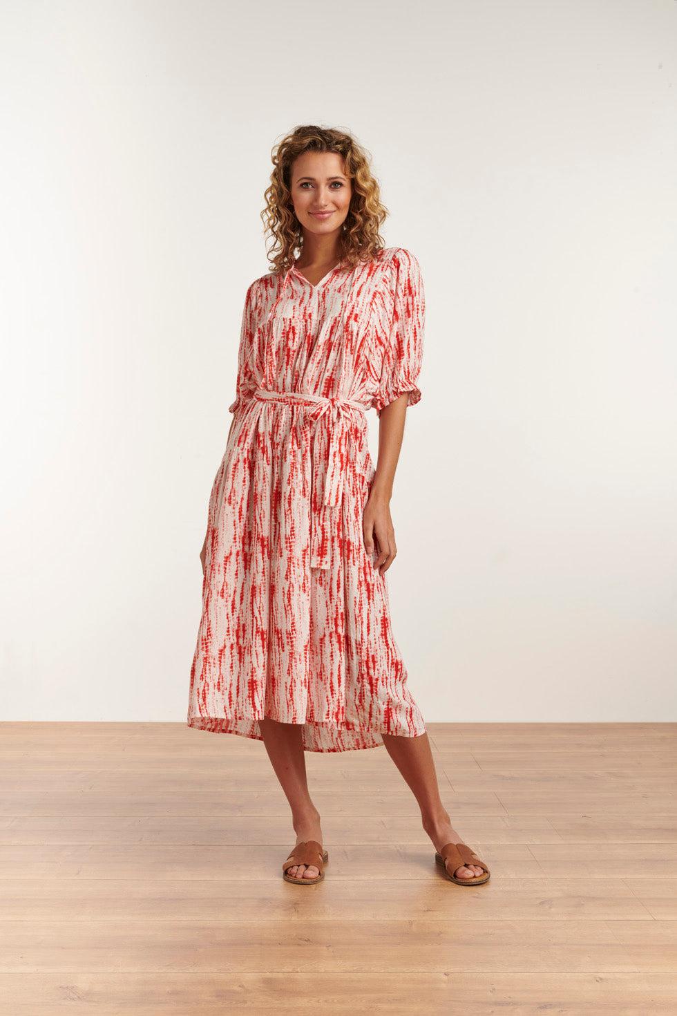 23177 Women Florette Coral Printed Belted Maxi Dress | Brique-Offwhite