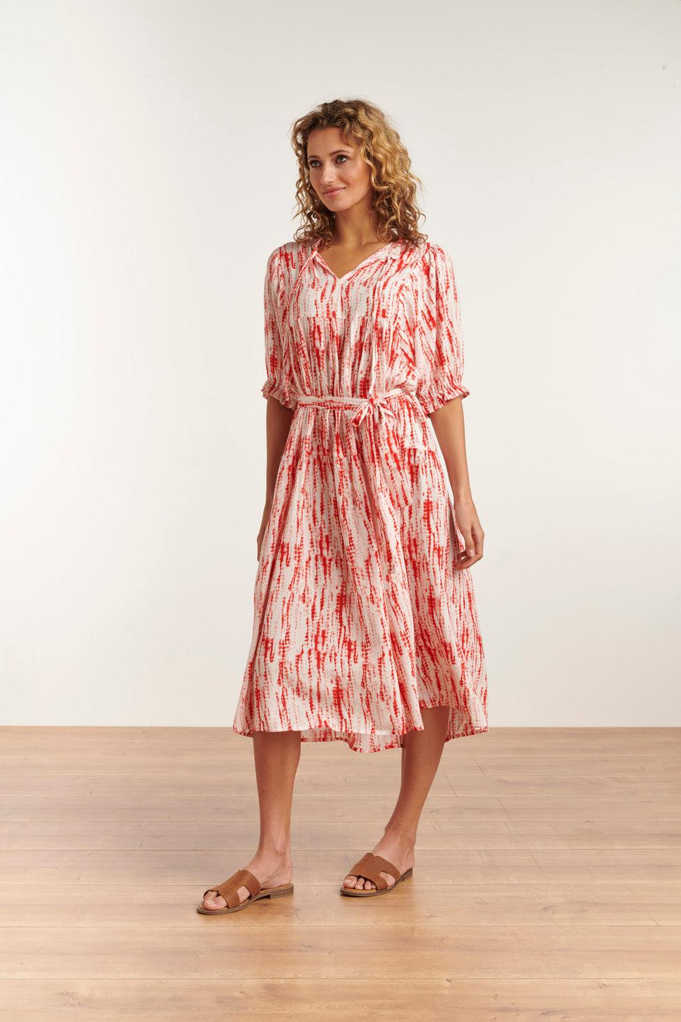 23177 Women Florette Coral Printed Belted Maxi Dress | Brique-Offwhite