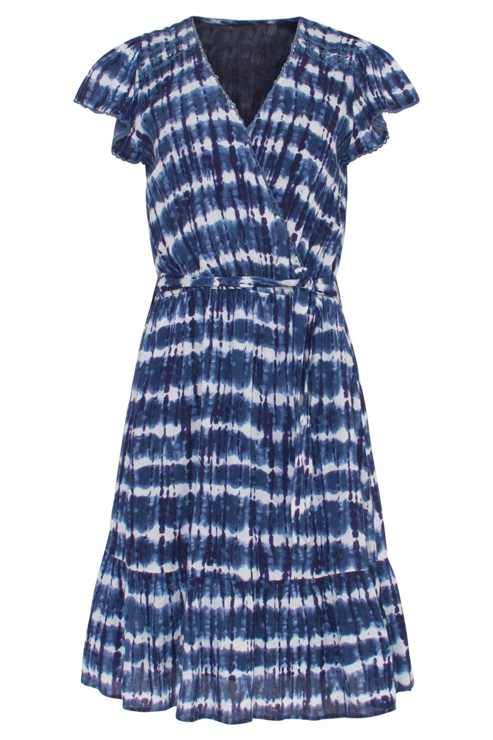 23183 Women Tie Dye Midi Waisted Dress | Blue - White