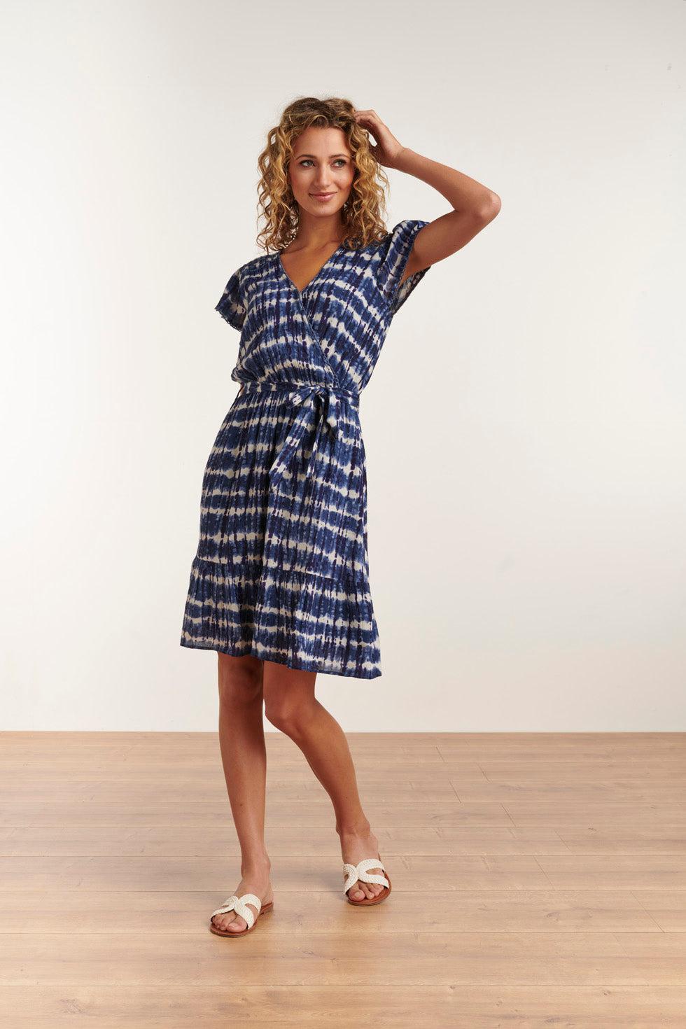 23183 Women Tie Dye Midi Waisted Dress | Blue - White