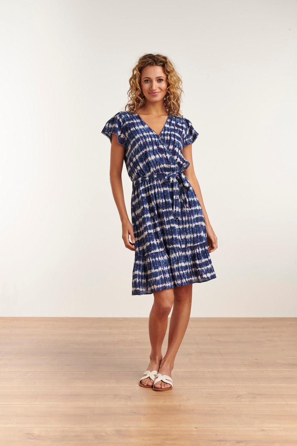 23183 Women Tie Dye Midi Waisted Dress | Blue - White