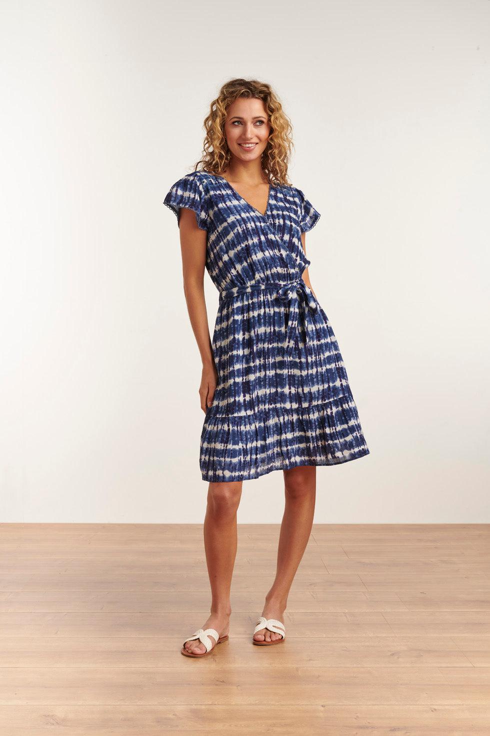 23183 Women Tie Dye Midi Waisted Dress | Blue - White