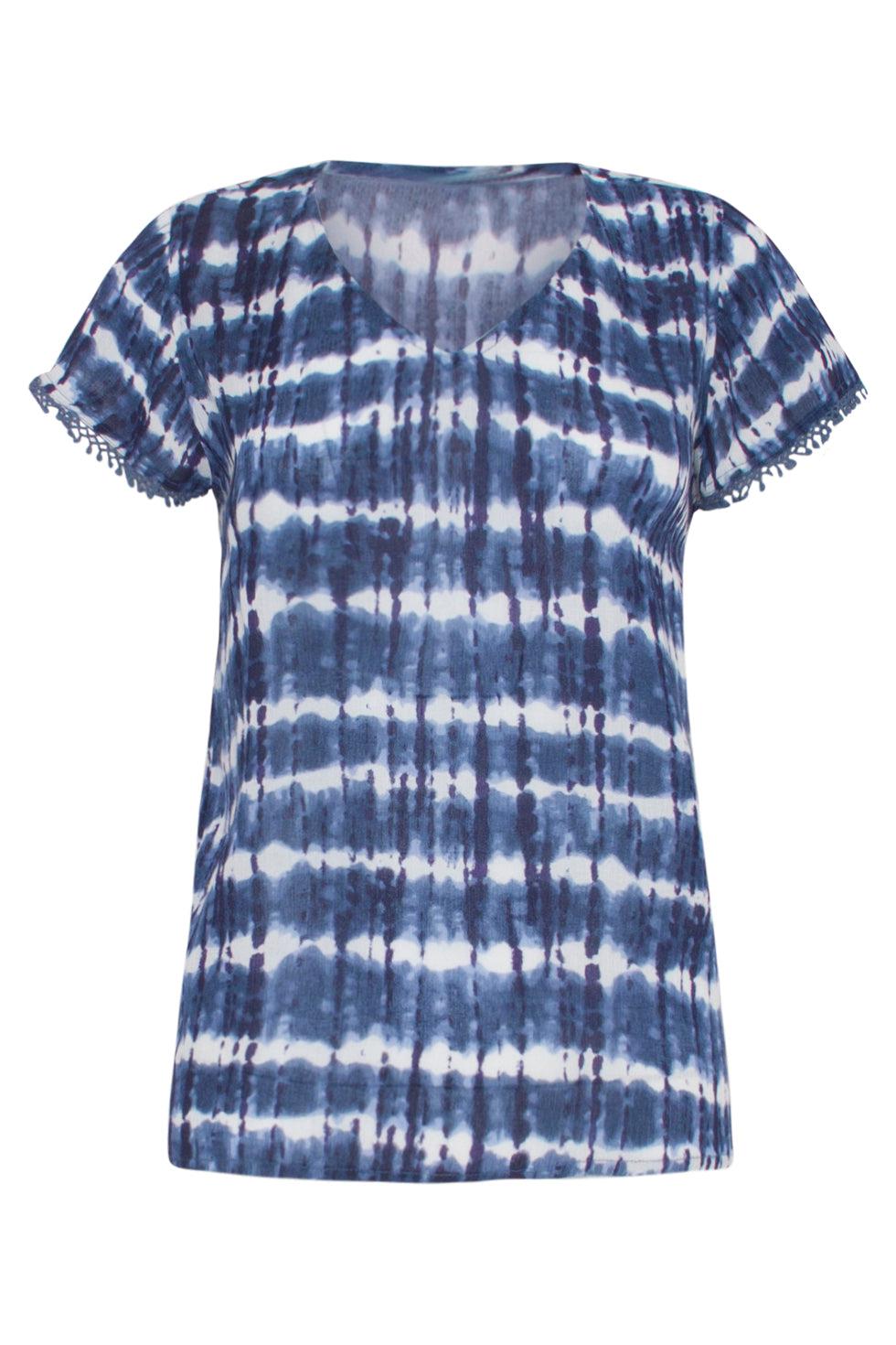 23184 Tie Dye Short Sleeve Round Neck Top | Blue - White