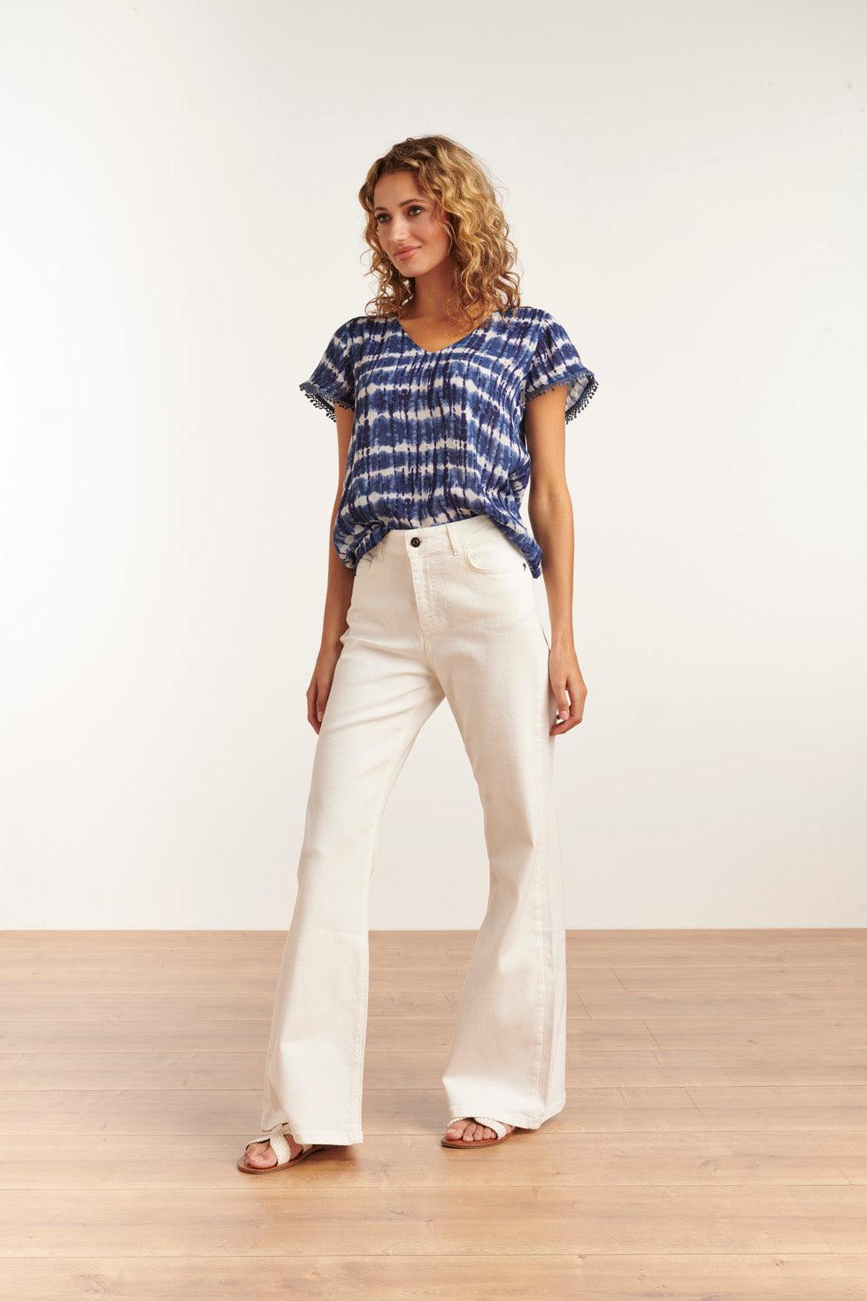 23184 Tie Dye Short Sleeve Round Neck Top | Blue - White