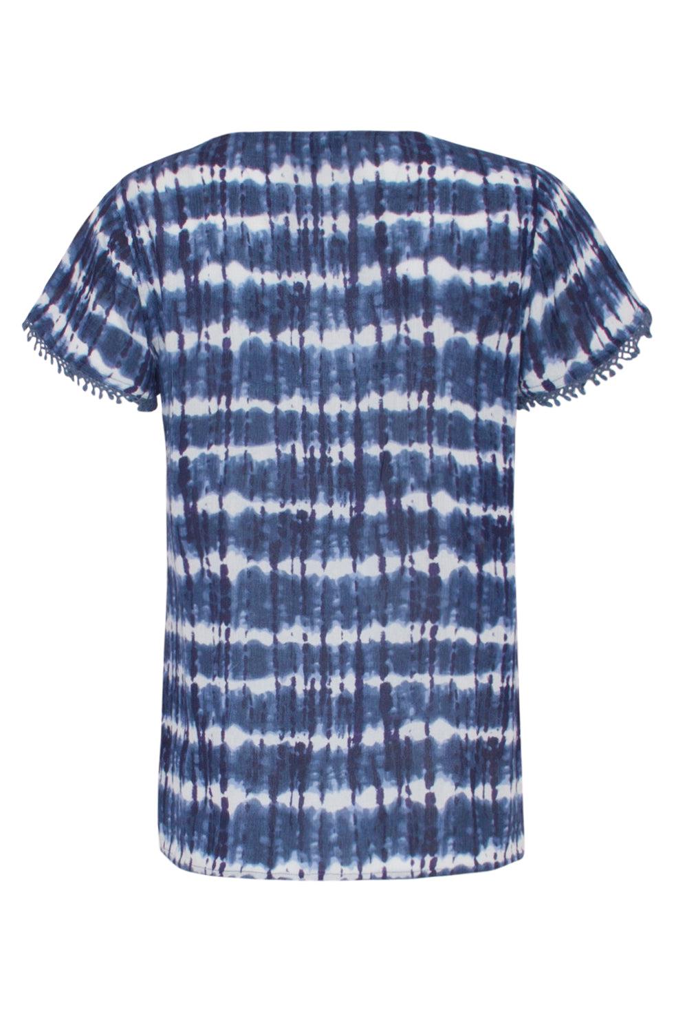 23184 Tie Dye Short Sleeve Round Neck Top | Blue - White
