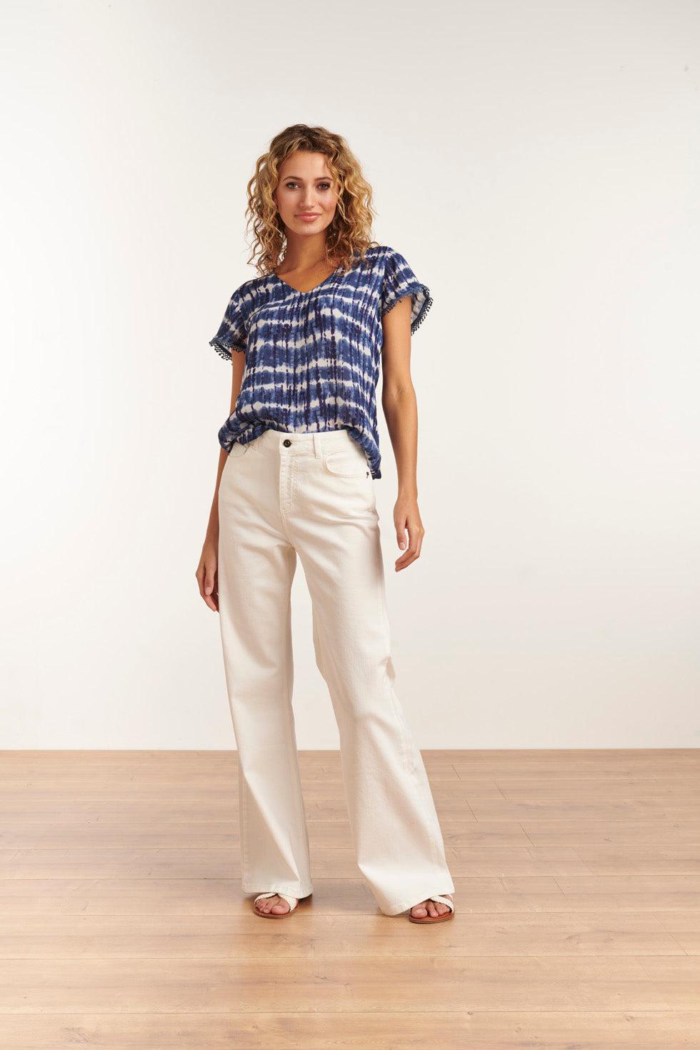 23184 Tie Dye Short Sleeve Round Neck Top | Blue - White