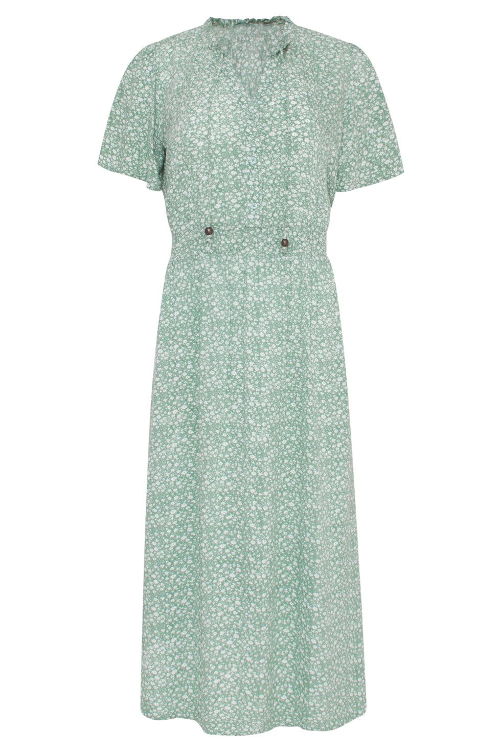 23186 Ditsy Bloemen Midi Jurk | Soft Green - White