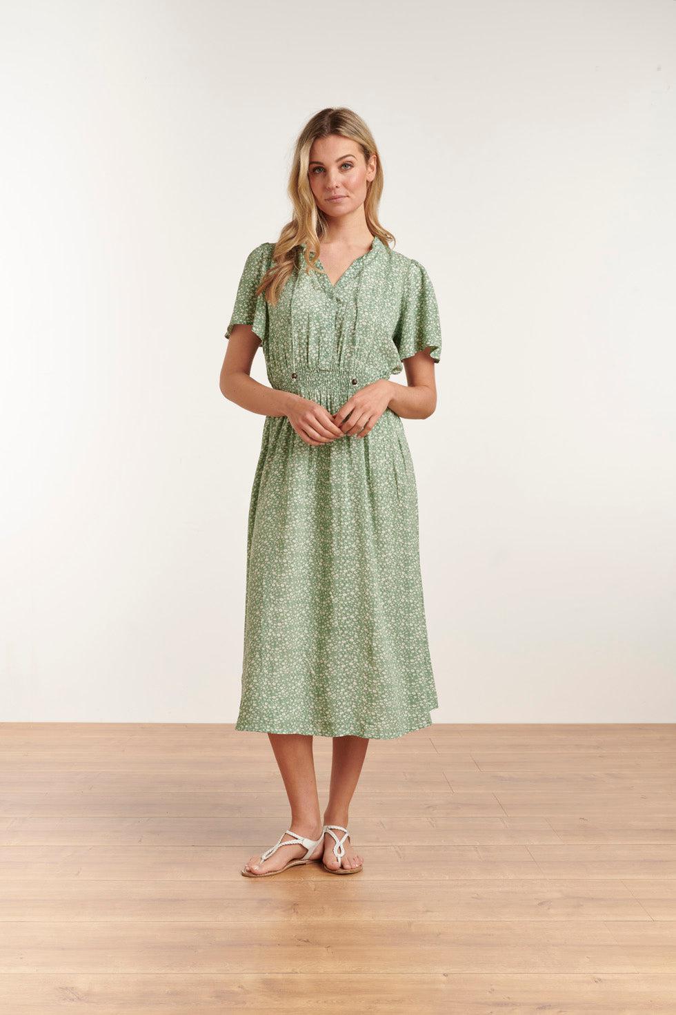 23186 Ditsy Bloemen Midi Jurk | Soft Green - White