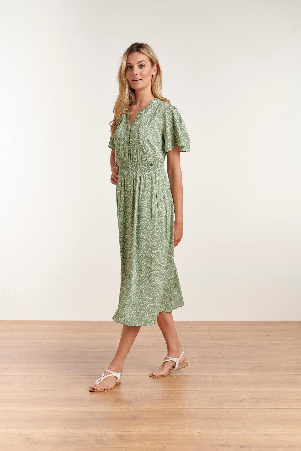 23186 Ditsy Bloemen Midi Jurk | Soft Green - White