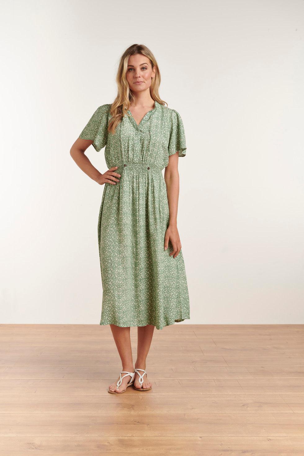 Smashed Lemon 23186 Ditsy Bloemen Midi Jurk Soft Green White