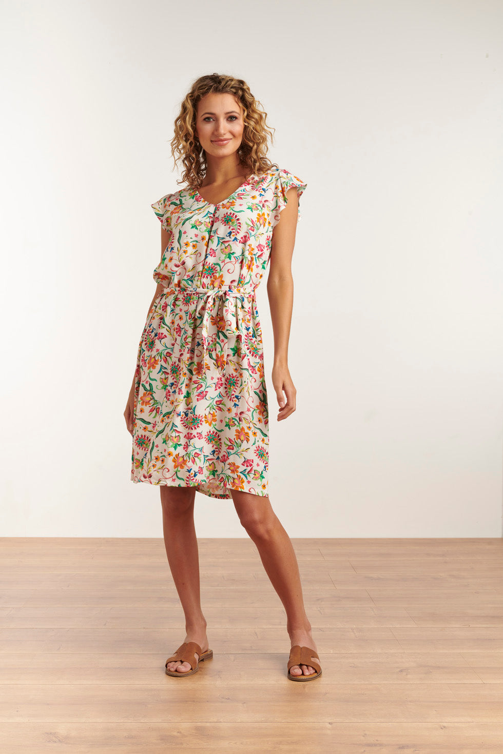 23198 Zomerse Paisley Print Jurk Met V-Halsvlindermouwen | White - Muticolour