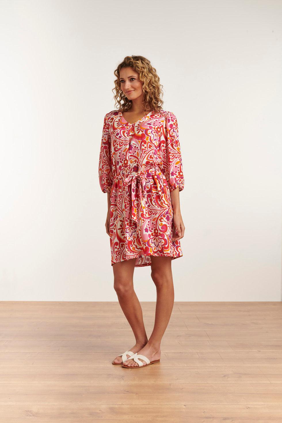 23201 Abstracte Boheemse Retro Print Zomerjurk | White-Multicolour