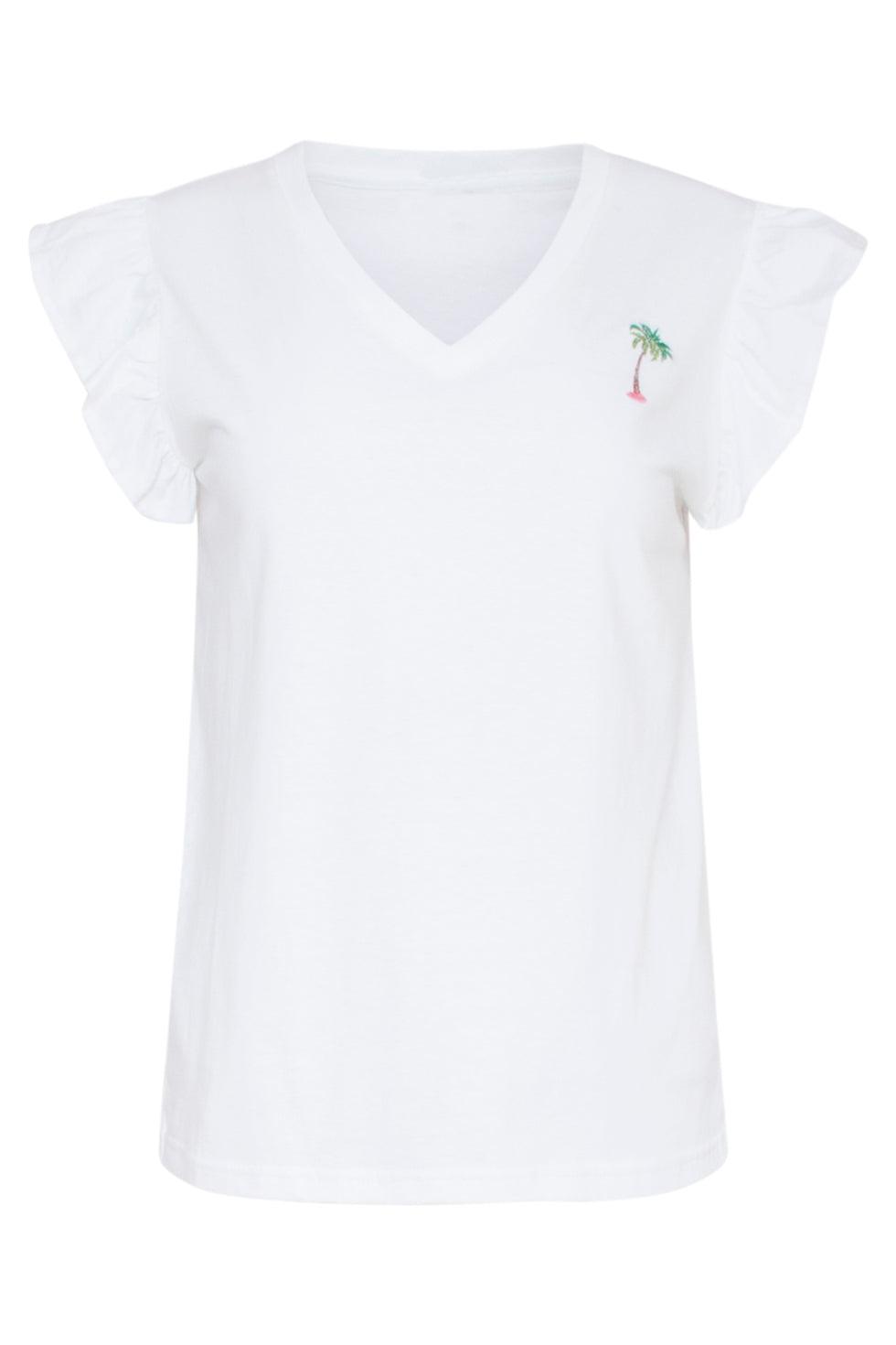 23202 T-Shirt Met Geborduurde Palmboomruches Mouwen | White - Green