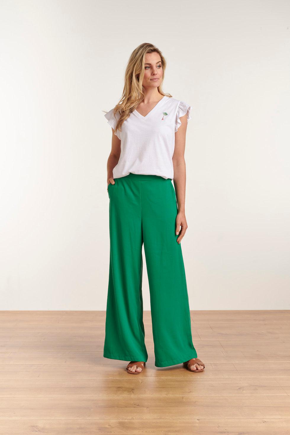 23202 T-Shirt Met Geborduurde Palmboomruches Mouwen | White - Green