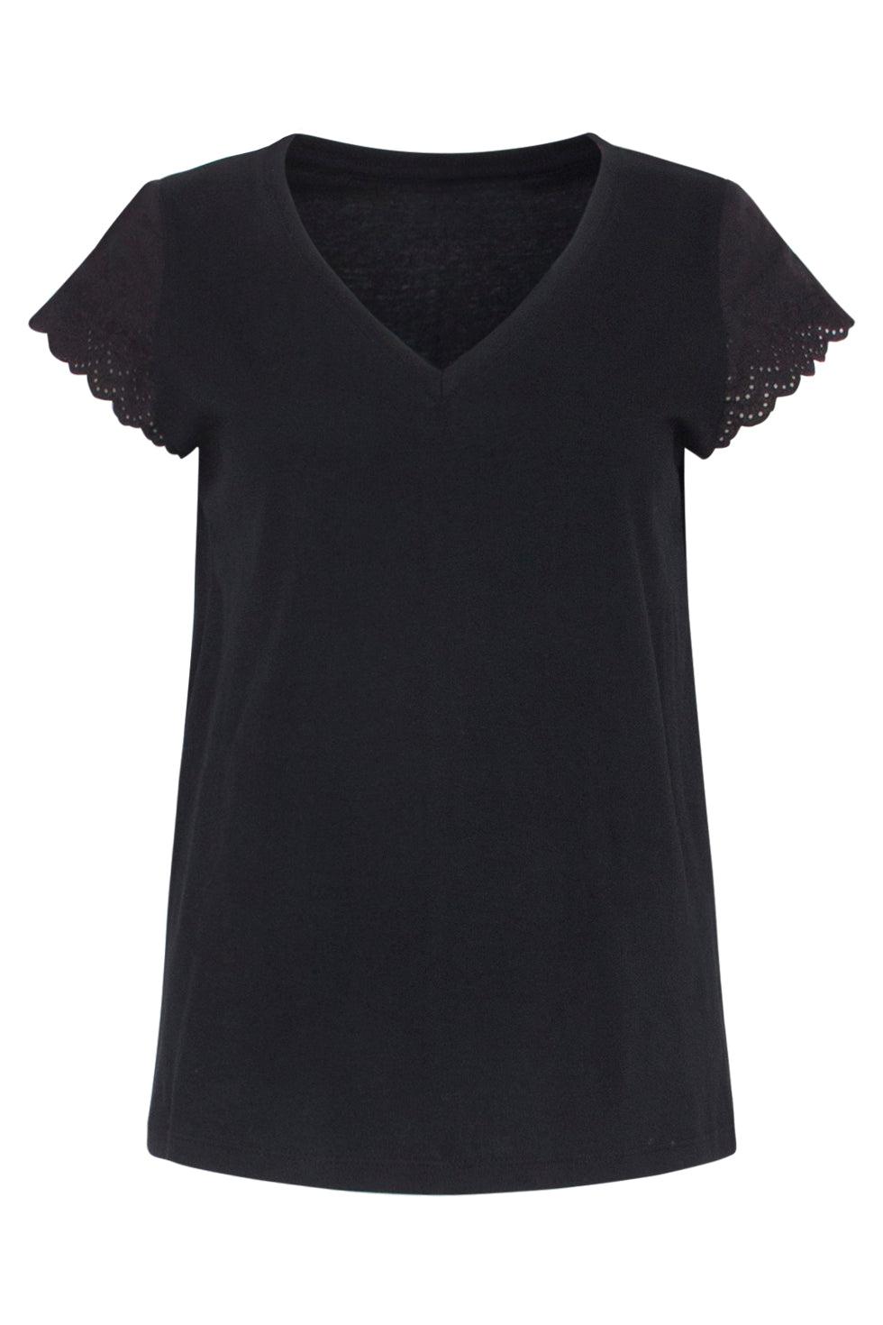 23208-999 V-Hals T- Shirt Met Kanten Mouw | Black