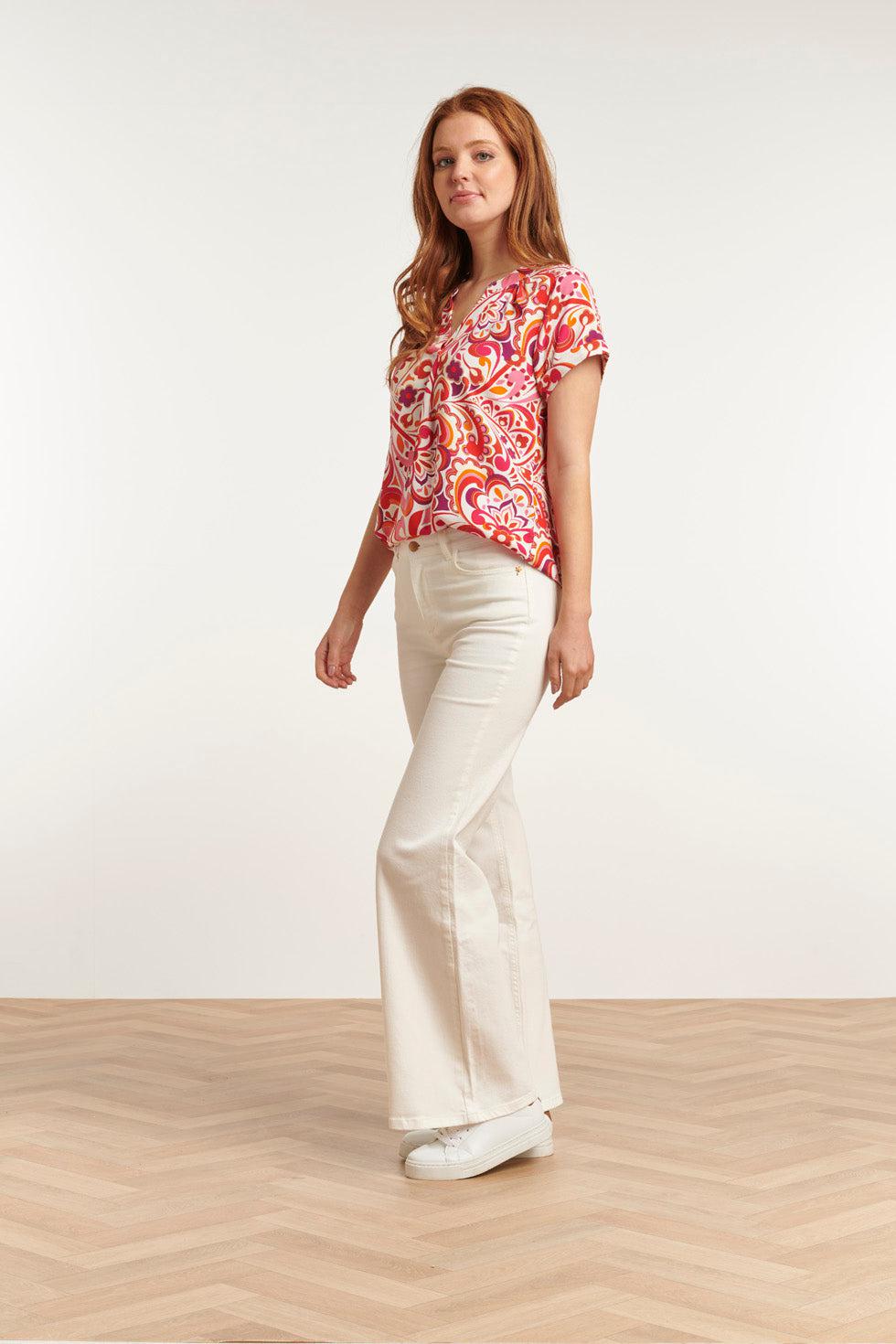 23211 Short Sleeve Print White- Women's Tops | White - Muticolour