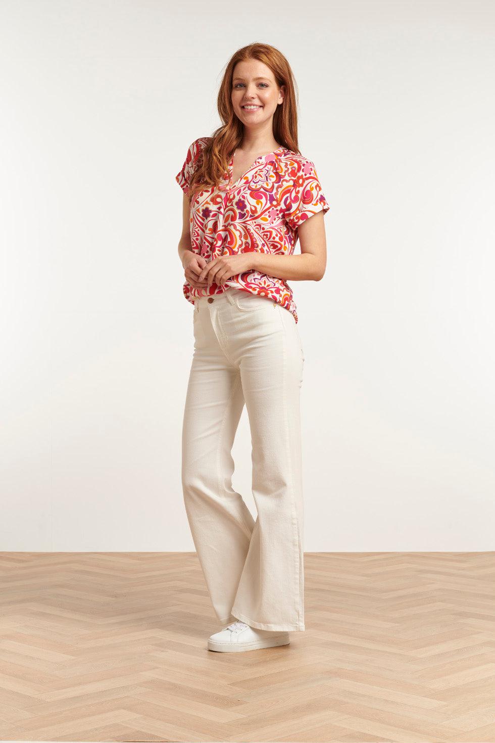 23211 Short Sleeve Print White- Women's Tops | White - Muticolour