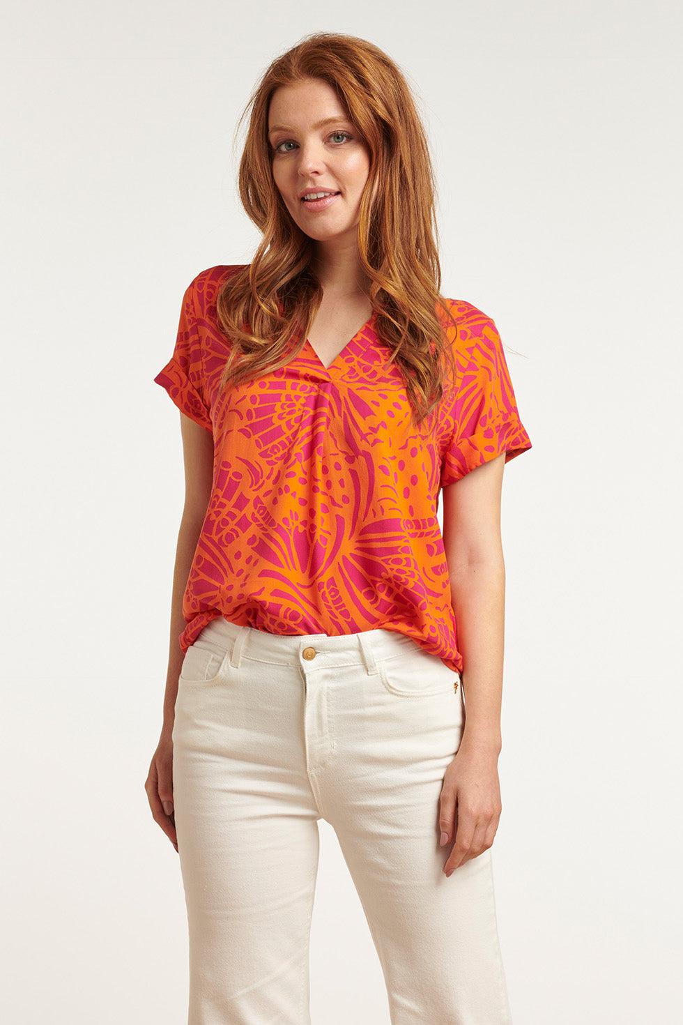 23212 Short Sleeve Shirt Pullover Print Women's Tops | Orange - Fuchsia
