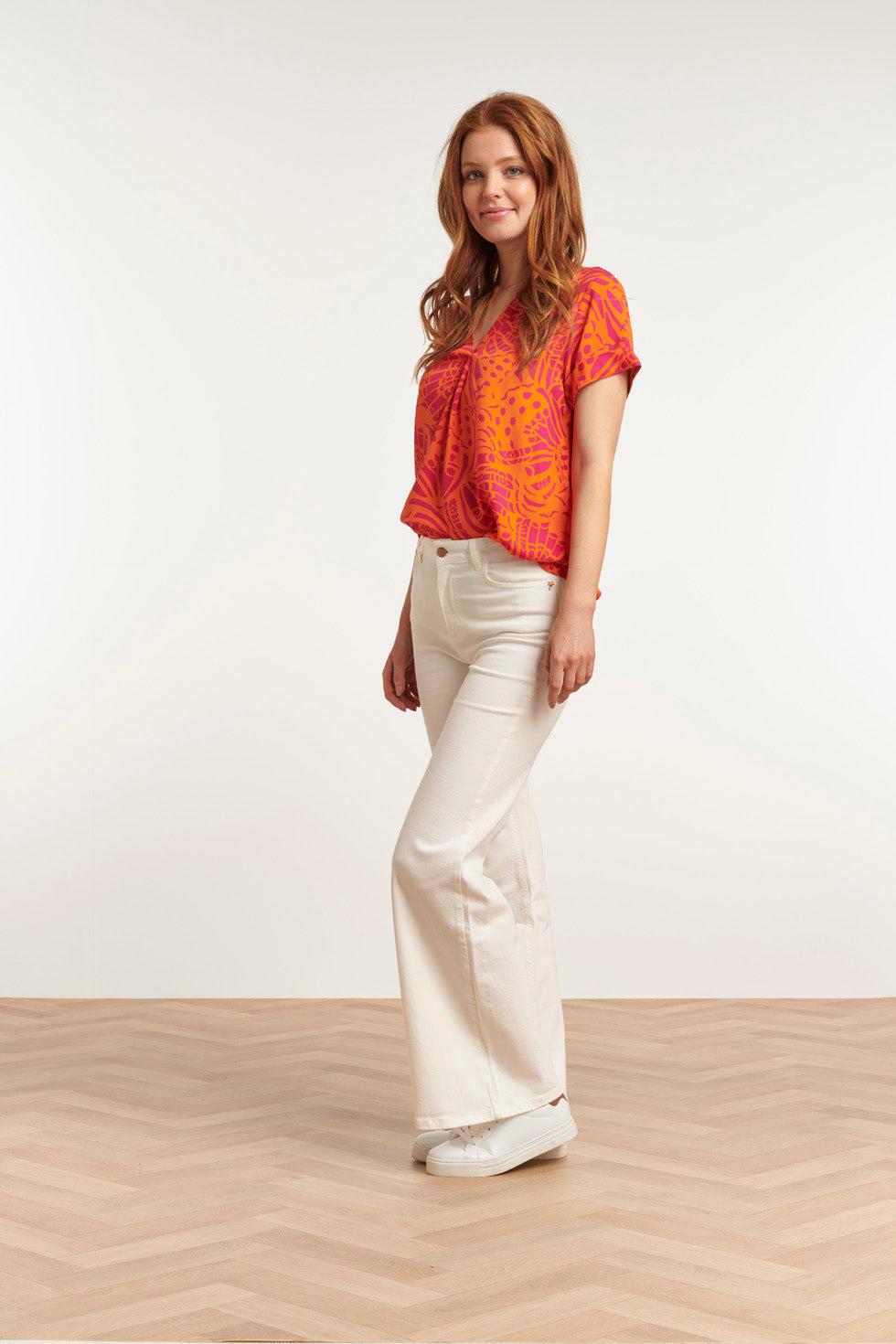 23212 Short Sleeve Shirt Pullover Print Women's Tops | Orange - Fuchsia