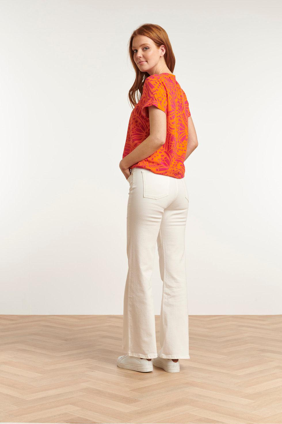 23212 Short Sleeve Shirt Pullover Print Women's Tops | Orange - Fuchsia