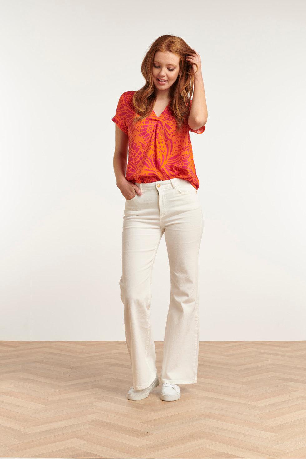 23212 Short Sleeve Shirt Pullover Print Women's Tops | Orange - Fuchsia