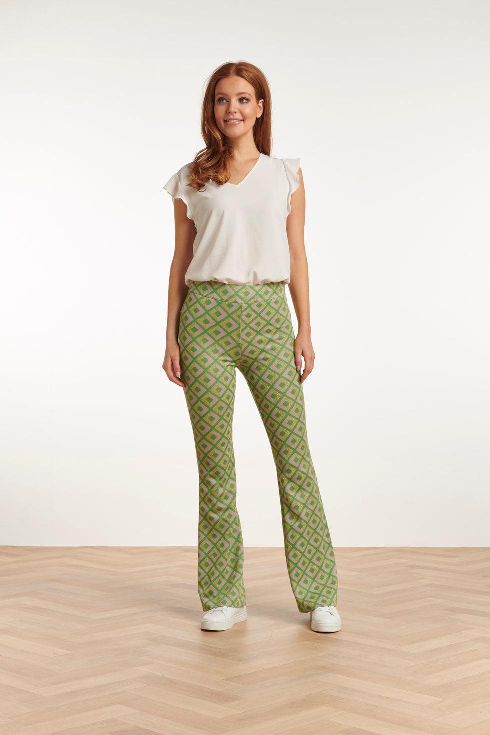 23221 Broek Met Retro Print | Green-Gold