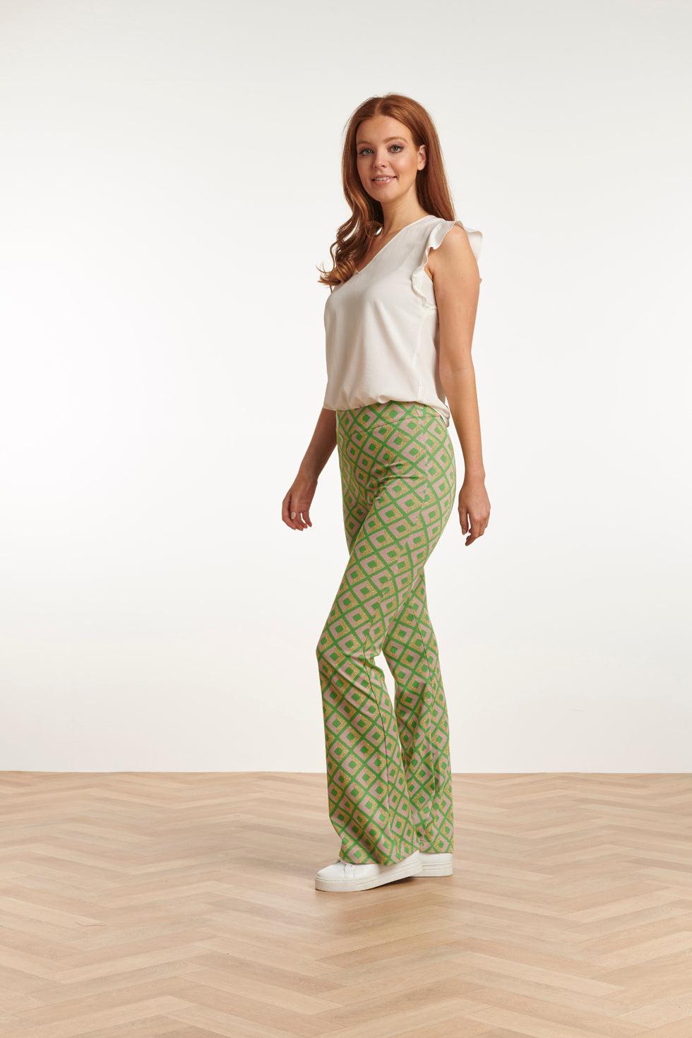 23221 Broek Met Retro Print | Green-Gold