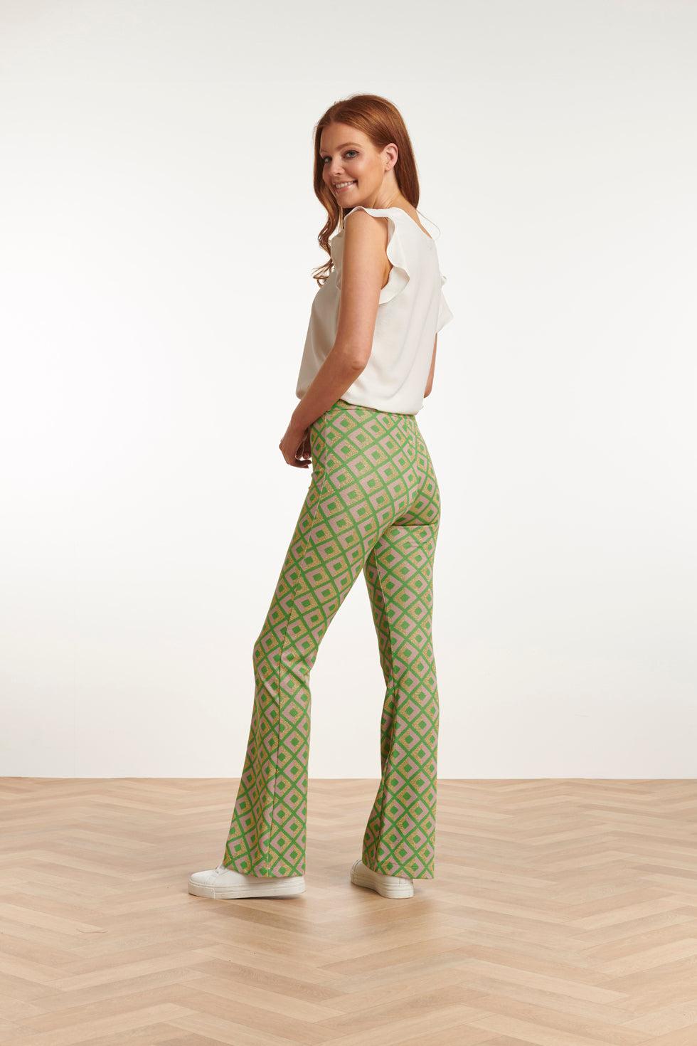 23221 Broek Met Retro Print | Green-Gold