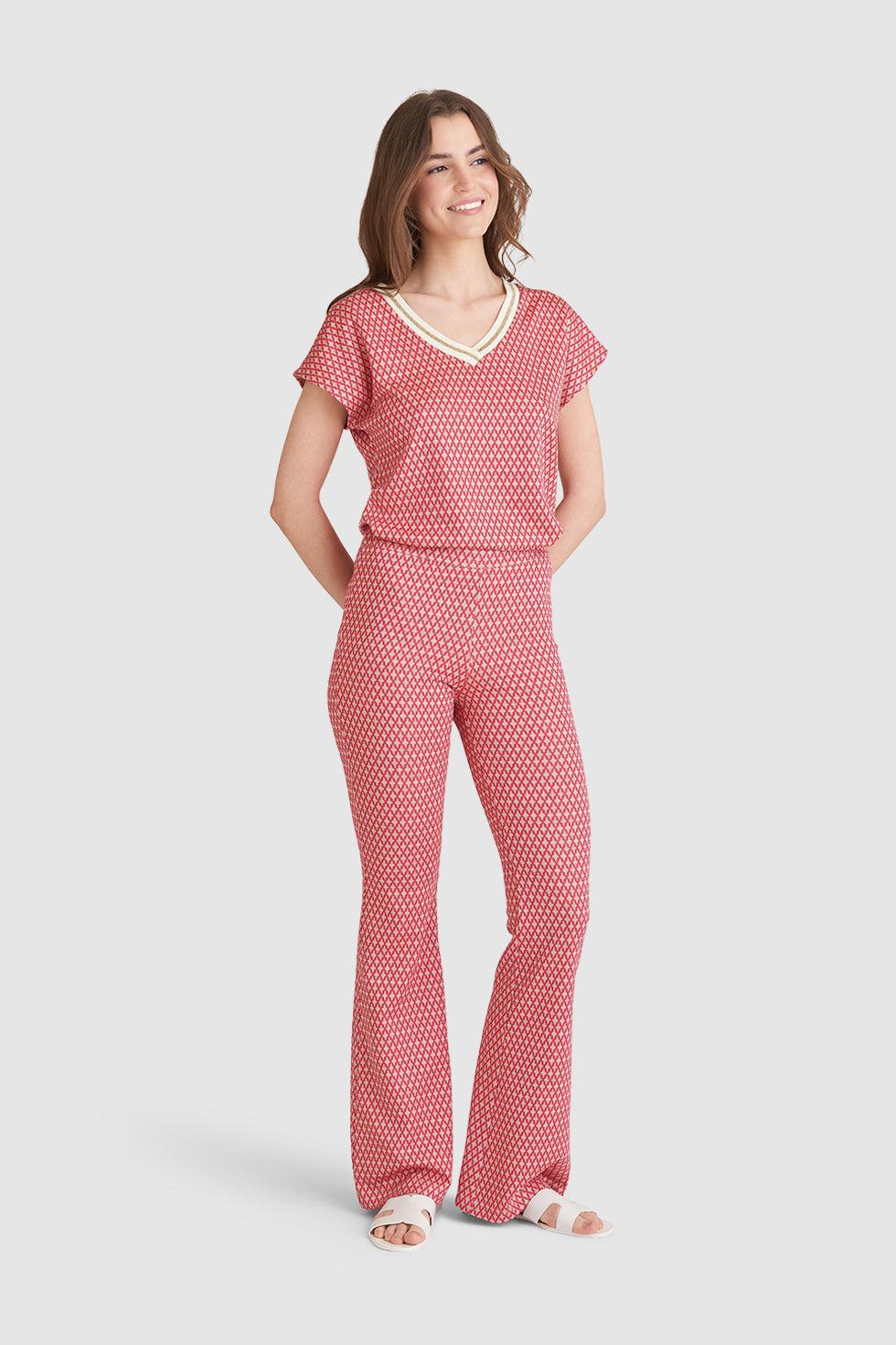 23223 Broek Met Retro Print | Fuchsia - Gold