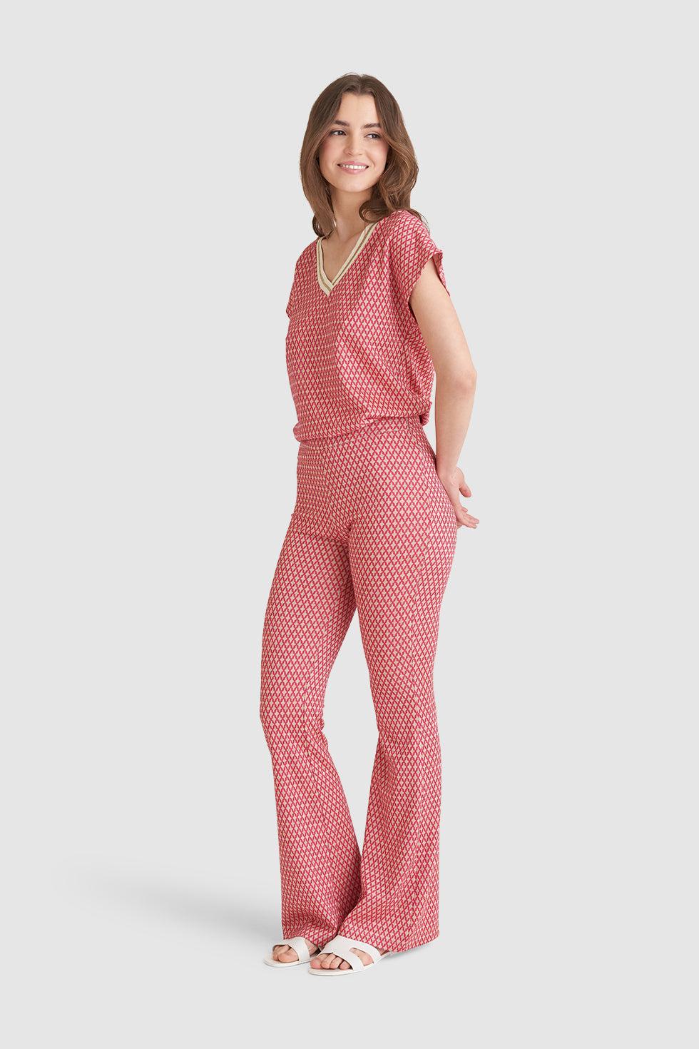 23223 Broek Met Retro Print | Fuchsia - Gold