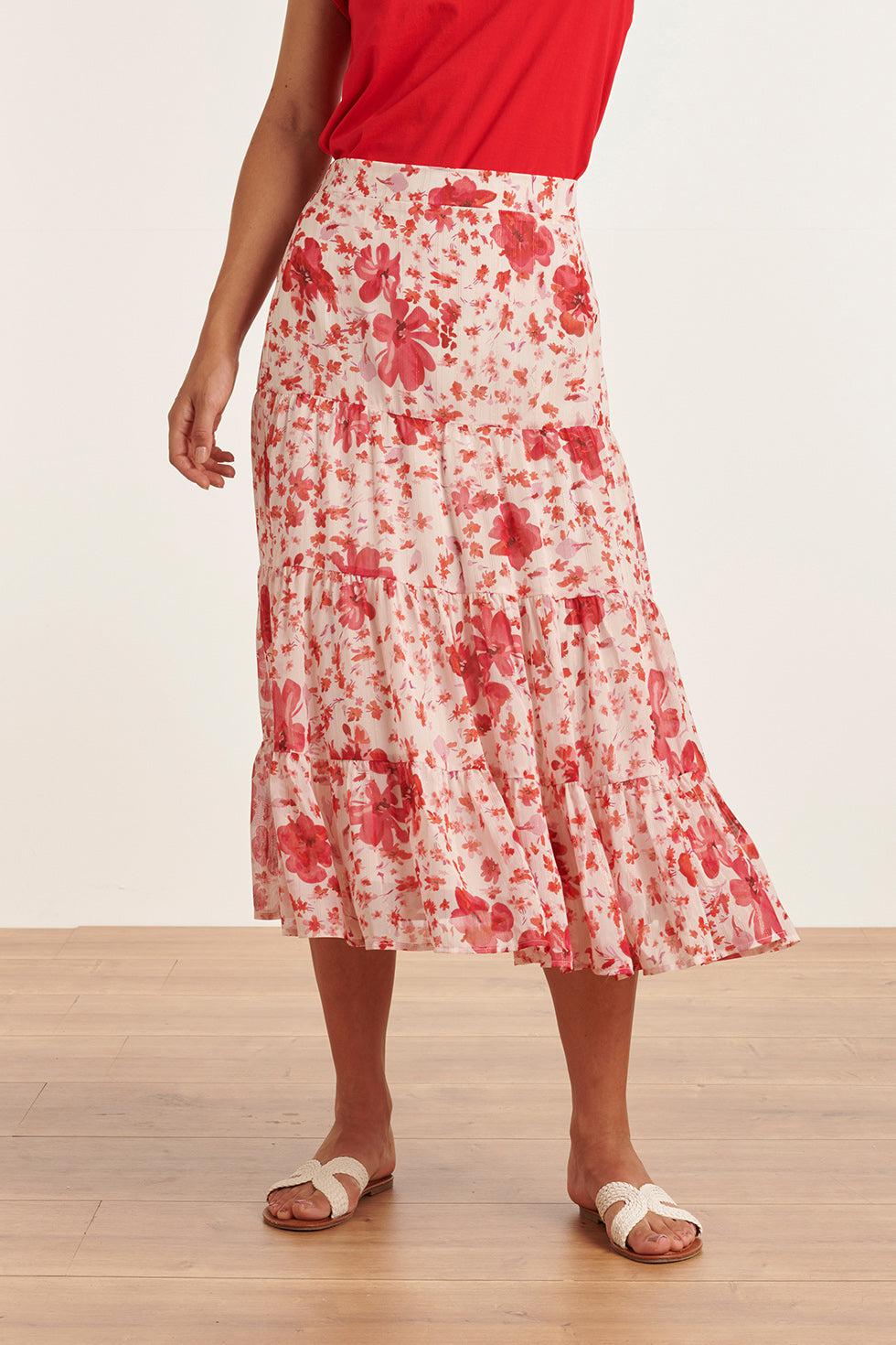 23306 Zomer Rok Met Bloemenprint | White - Red