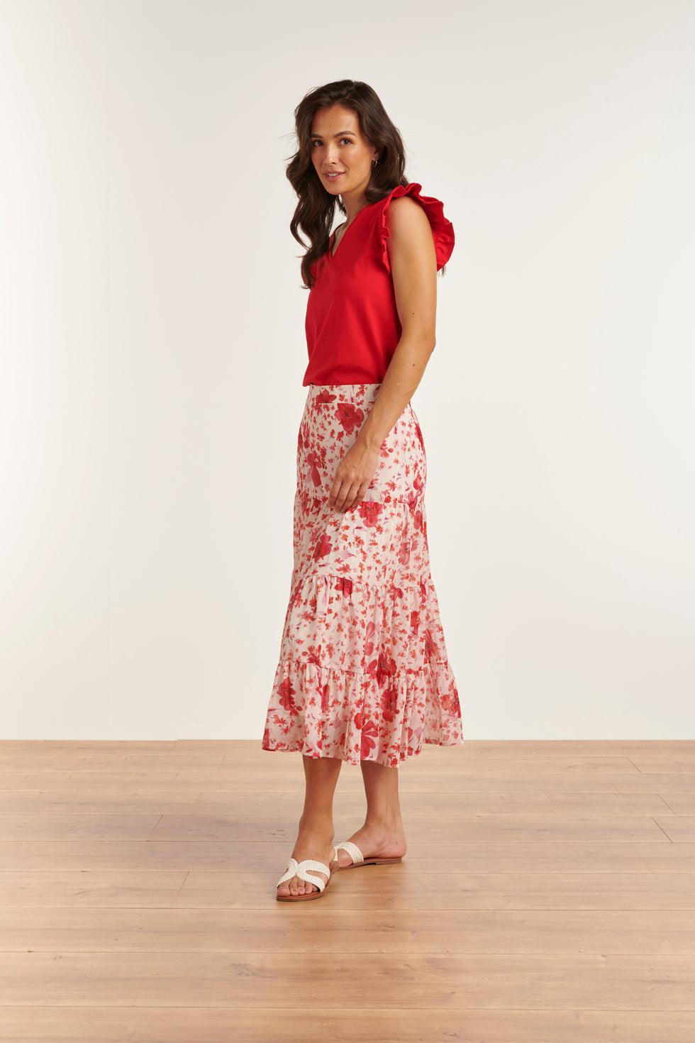 23306 Zomer Rok Met Bloemenprint | White - Red