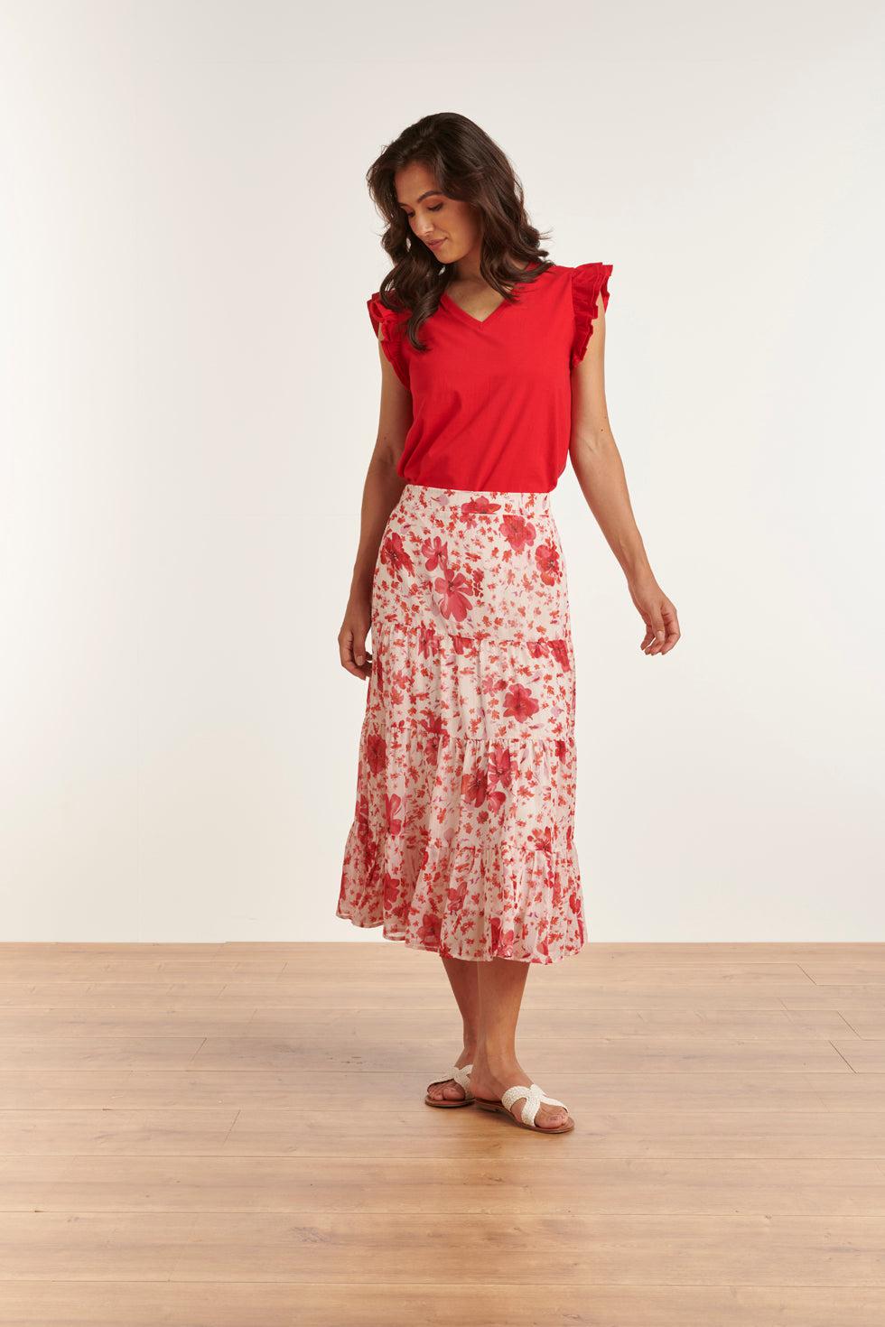 23306 Zomer Rok Met Bloemenprint | White - Red