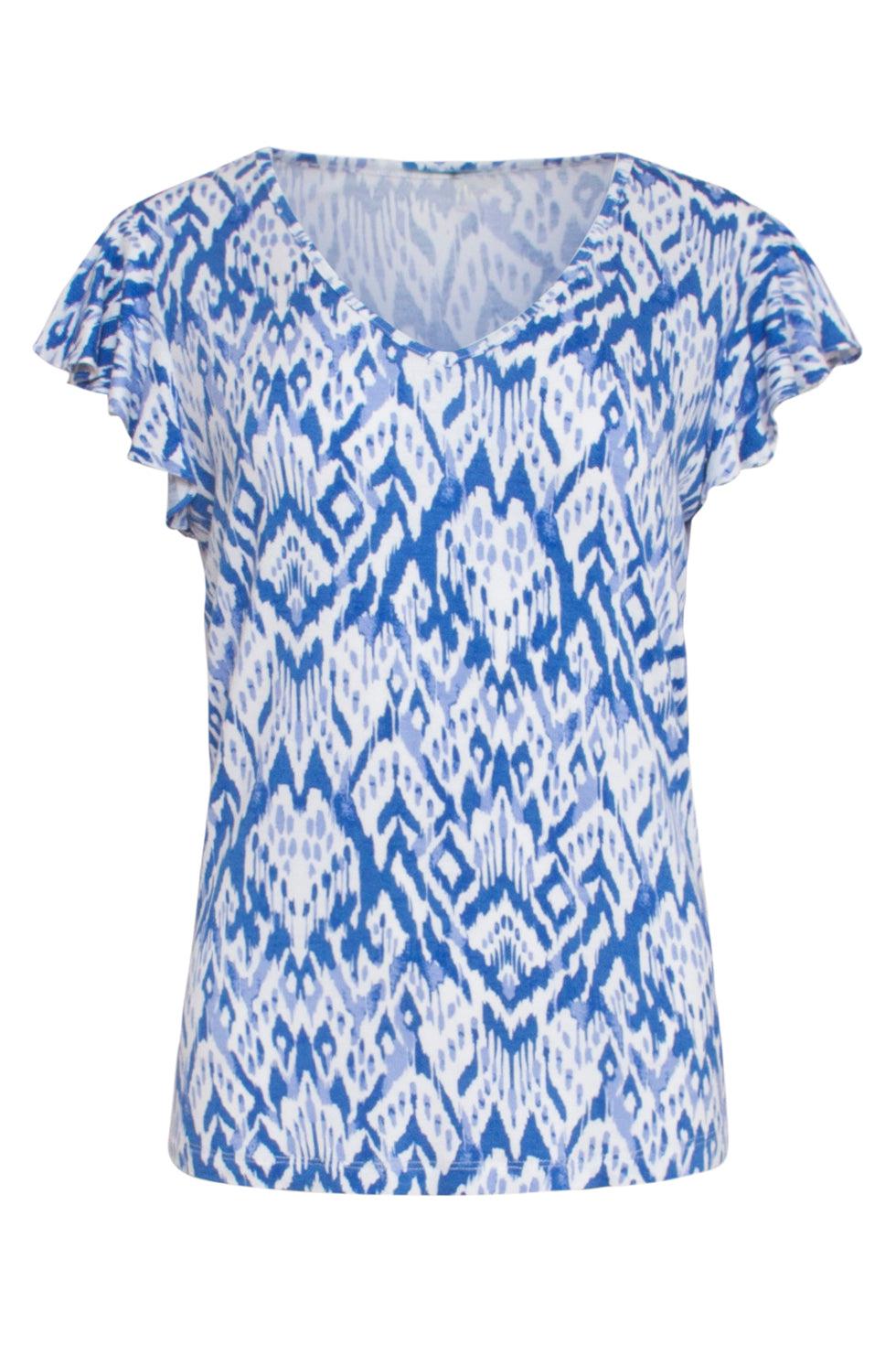 23322 Zomer Top Azteekse Print Met V-Halskorte Ruffle Mouwen | White - Blue