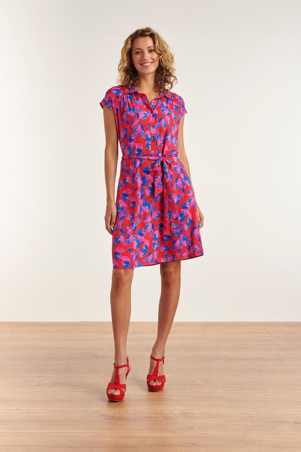 23332 Zomer Jurk - Abstracte Print Met Kraag | Red-Multicolour