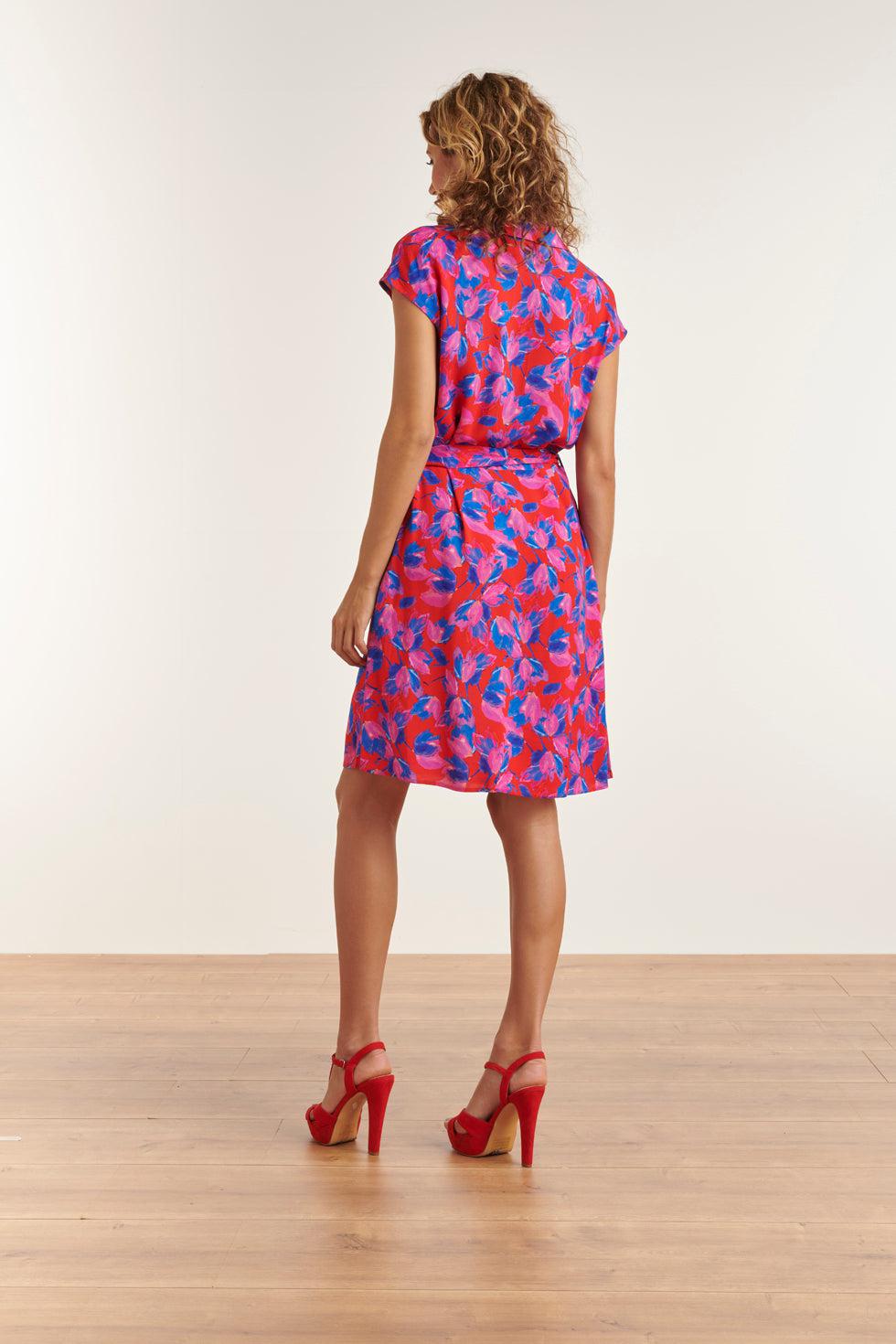 23332 Zomer Jurk - Abstracte Print Met Kraag | Red-Multicolour