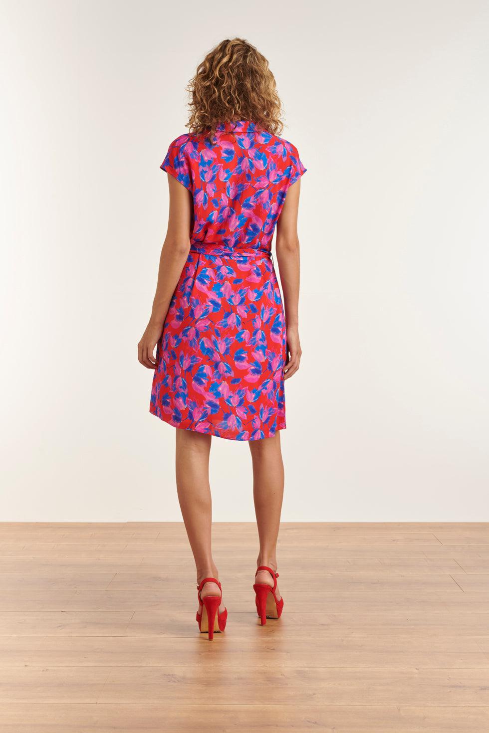 23332 Zomer Jurk - Abstracte Print Met Kraag | Red-Multicolour