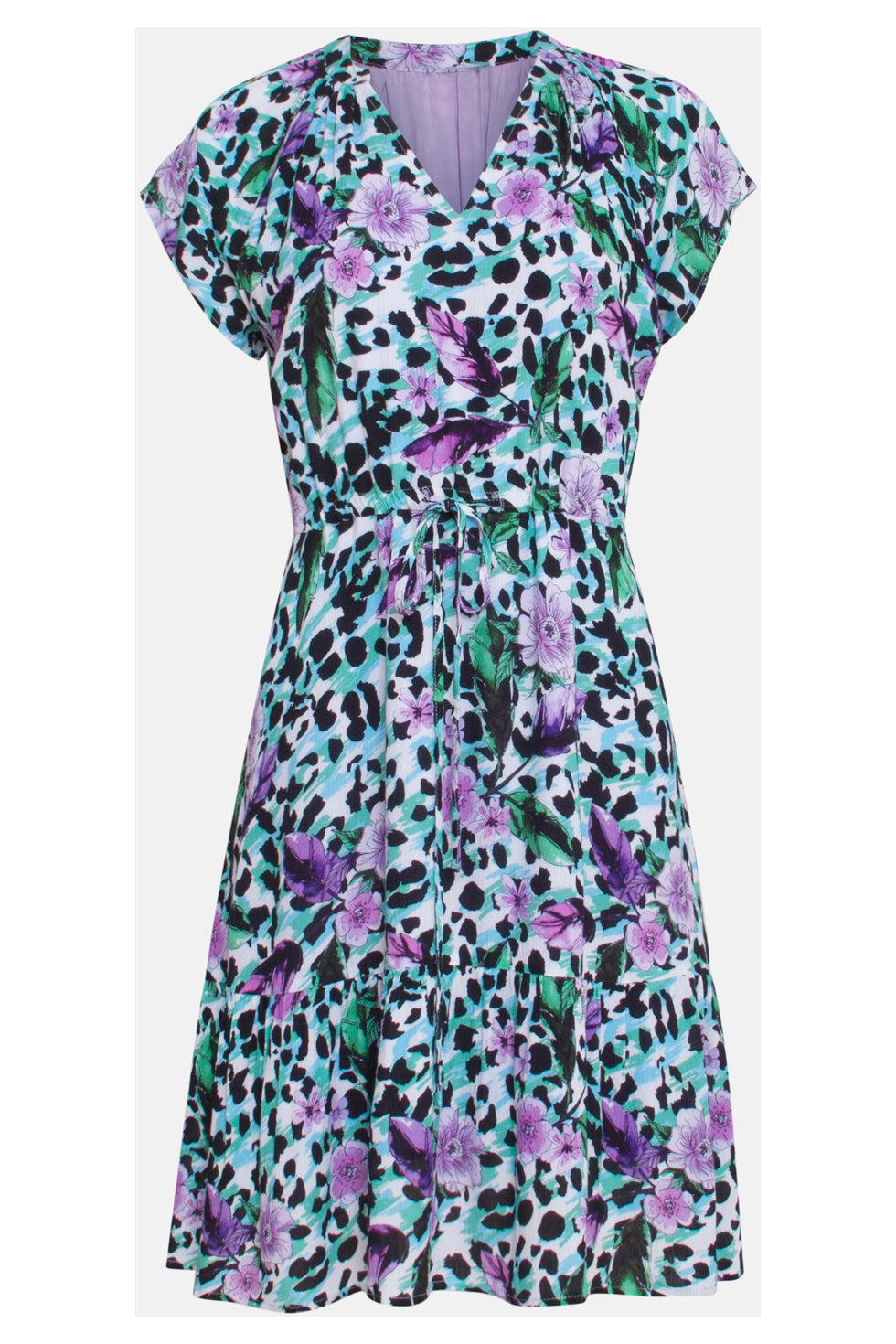 23338 Paars- Dierenprint Zomerjurk Met V-Hals Korte Mouwen | Muticolour