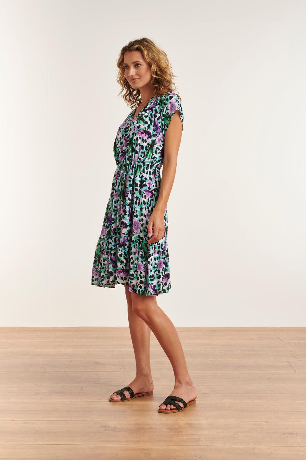 23338 Paars- Dierenprint Zomerjurk Met V-Hals Korte Mouwen | Muticolour