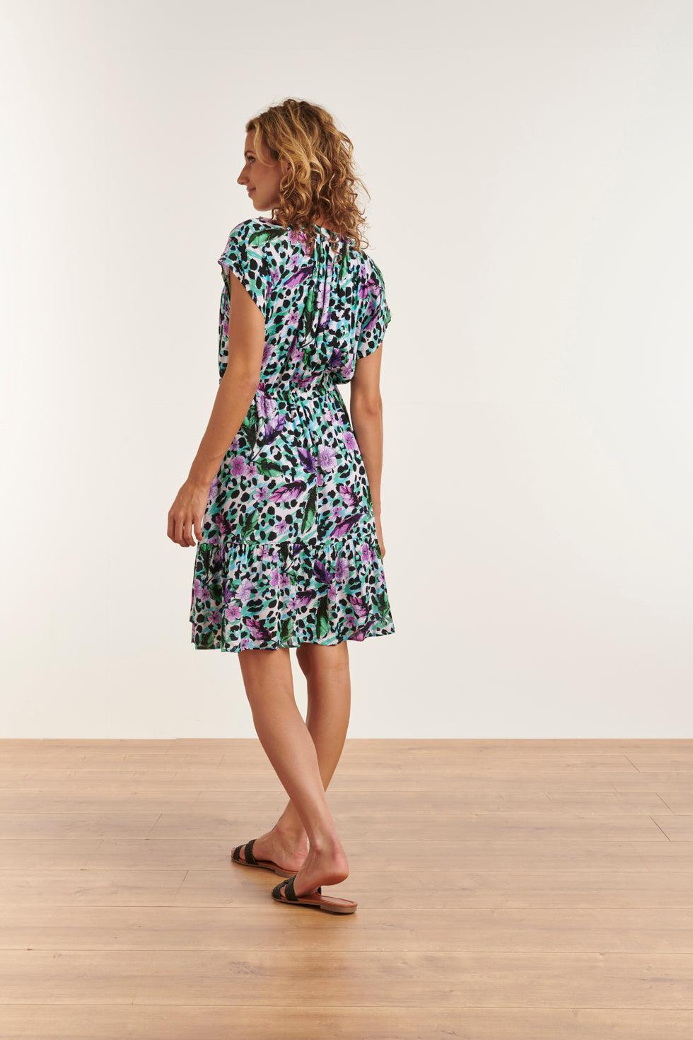 23338 Paars- Dierenprint Zomerjurk Met V-Hals Korte Mouwen | Muticolour