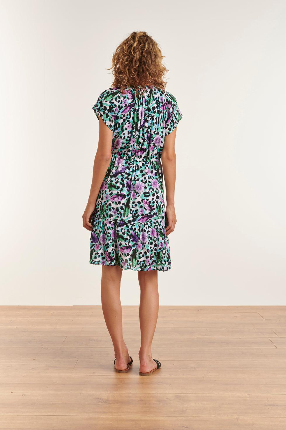 23338 Paars- Dierenprint Zomerjurk Met V-Hals Korte Mouwen | Muticolour