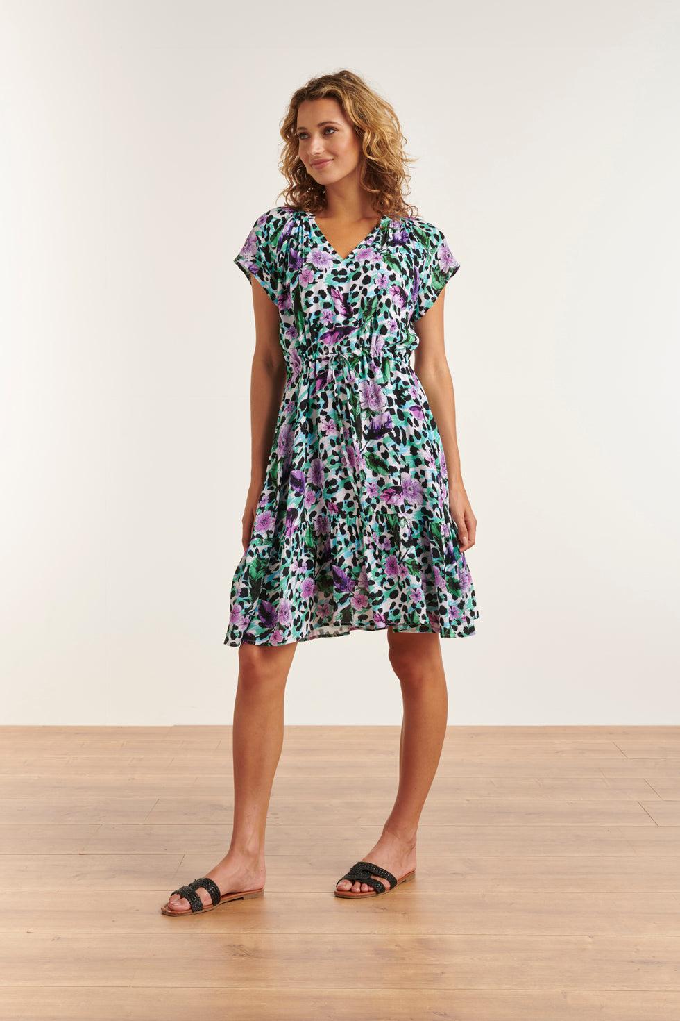 23338 Paars- Dierenprint Zomerjurk Met V-Hals Korte Mouwen | Muticolour